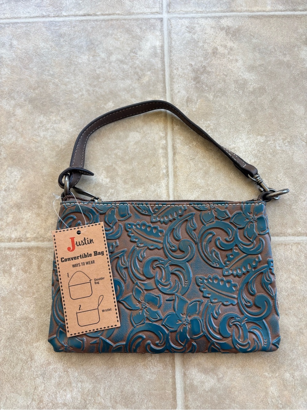 Justin Boots Teal & Brown Embossed Convertible Shoulder Bag or Wristlet